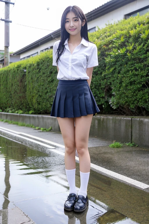 the Extremely Detailed CG Unity 8K Wallpapers、top-quality、ultra-detailliert、masterpiece、realisitic、Photo Real、extremely detailed cute girl、18year old、(High school student in Japan uniform)、(dance pose)、 on、pantiesred blush、cparted lips、looking at the viewers、Semi-body shot、(Random locations of Japan schools)、(Japan high school uniform and designated shoes)、(short plaid skirt:1.5)、(Short sleeite shirt for students)、 (neck tie:1.2)、(light brown random hair)、(See-through wet white panties:1.5)、(camme(Black loafers:1.5)、(beauitful face:1.3)、(perfectly proportions:1.2)、(Long feet:1.2)、(small tits:1.3)、(Pantin be seen under the .3)、(Textured skin)、Random angles、((to jump))