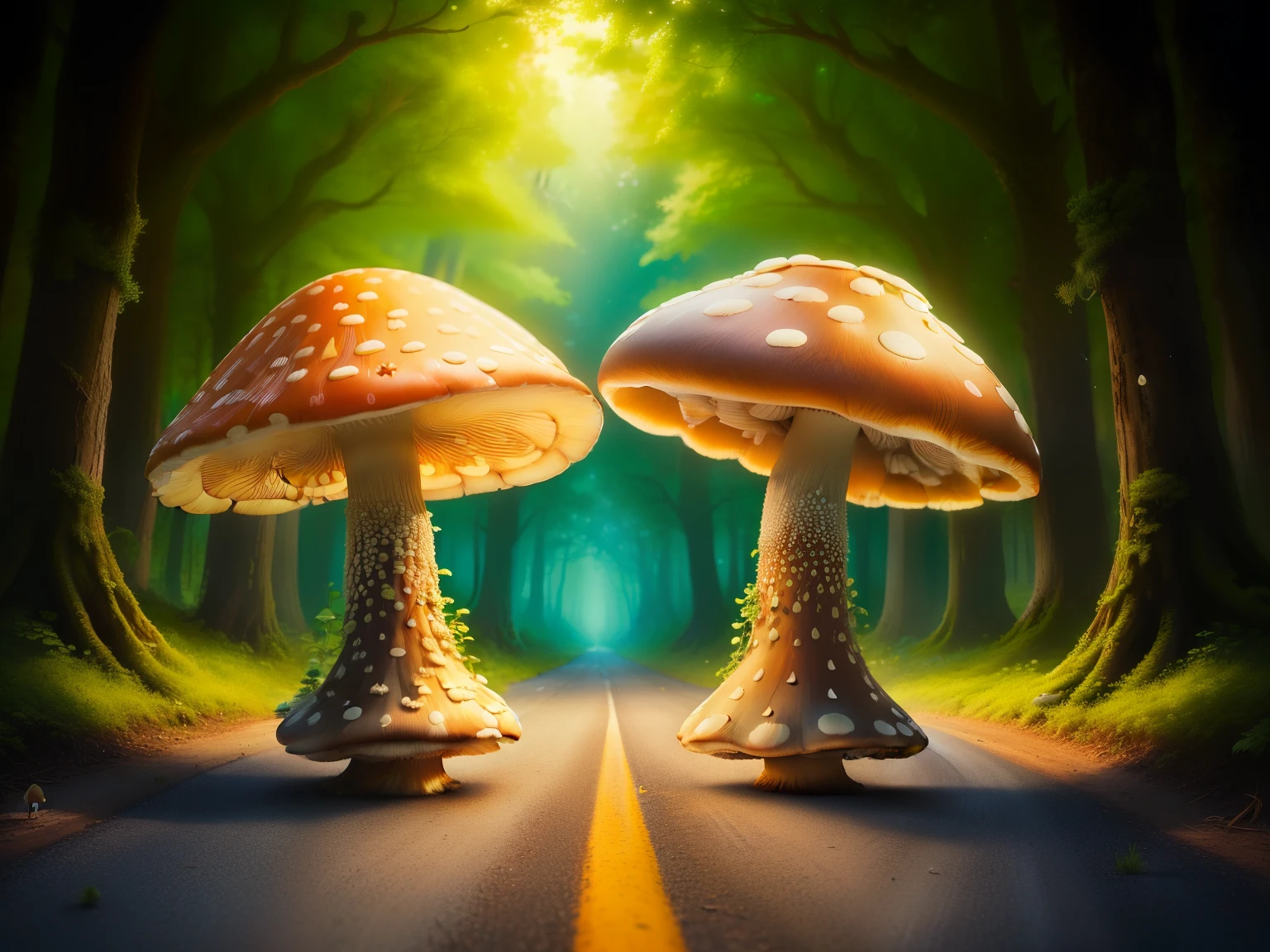 two mushrooms are standing in the middle of a road, mushrooms style and macro style, mushrooms, toadstools, mushrooms grow from the body, mushrooms on the ground, magic mushrooms, magic mushroom, forest made out of mushroom, mushroom fractals, mushroom, mushroom forest, mushrooms grow, mushrooms on ground, mushrooms and plants, shrooms