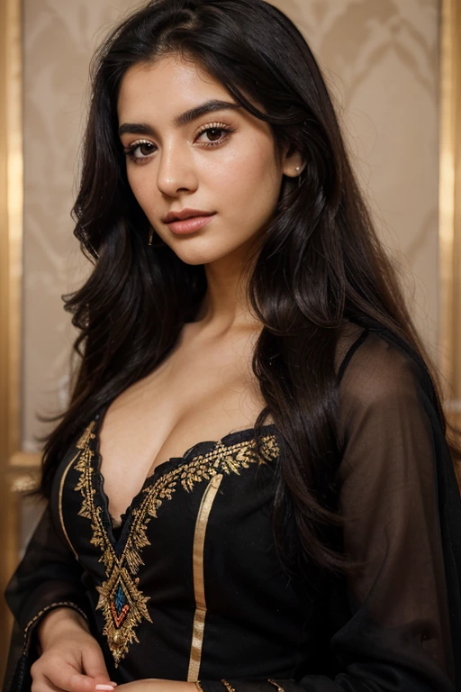 Portrait of 1 young 20yo woman, black hair, wearing colorful dress, perfect eyebrow, perfect lips, perfect nose, professional color graded, wonderful woman, cute afghan woman, sharp focus, long hair. Gold dress