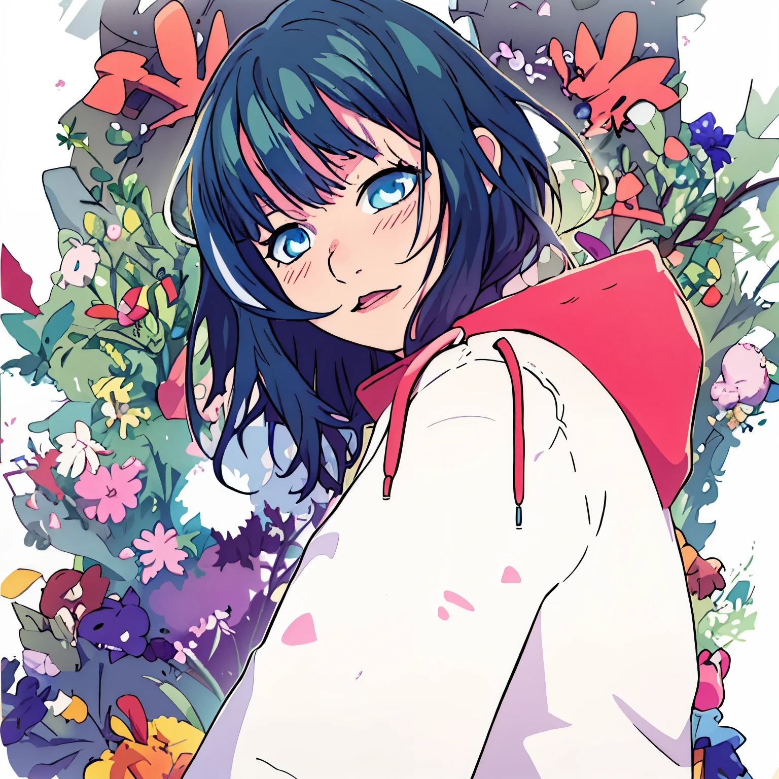 Anime girl with long hair and green hoodie standing in front of flowers, anime style portrait, black-haired girl wearing a hoodie, Beautiful Anime Portrait, Portrait Anime Girl, かわいいanime girl portrait, かわいいanime girl portrait, anime girl portrait, かわいいanime girl portrait, Chihiro! Fujisaki, cute anime girl, (anime girl), anime girl portrait, anime girl