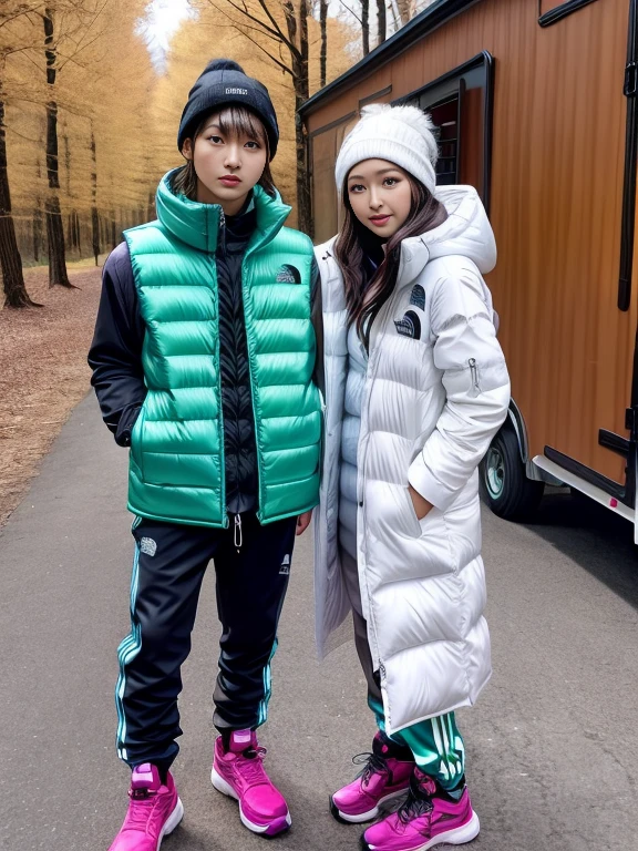 very detailed、masterpiece、Ski Resort Background、a woman in a (white down vest at northface):1.4, white puffer vest and black pants posing for a picture, model is wearing techtical vest, sportswear, sportswear, かわいいsportswear, nanocarbon-vest, white!!, white coat, tech wear women pictures, 2 techwear women, catalog photo, stylish coat for rave, full body photo, future inflatable jacket, Miko, Kim Woo