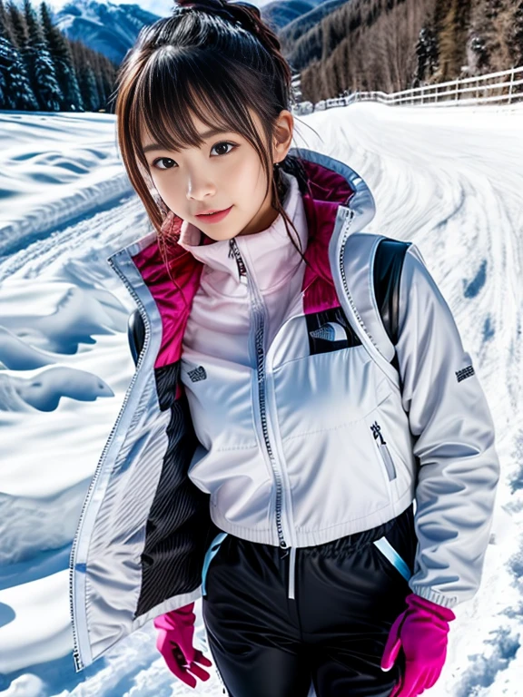 very detailed、masterpiece、Ski Resort Background、a woman in a (white down vest at northface):1.4, white puffer vest and black pants posing for a picture, model is wearing techtical vest, sportswear, sportswear, かわいいsportswear, nanocarbon-vest, white!!, white coat, tech wear women pictures, 2 techwear women, catalog photo, stylish coat for rave, full body photo, future inflatable jacket, Miko, Kim Woo