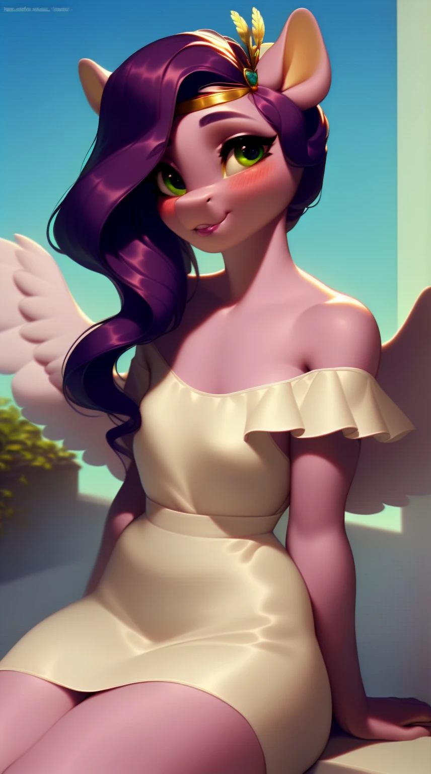 (score_9), (source_ derpibooru_p_95), (Pegasus), ((anthro Pipp Petals :1.1)), (shoulderless sun dress), adorable, shy, blushing, solo, realistic long hair, anatomically correct, flat chest, short, pink bottom lip, extremely detailed, absolutely stunning, plump figure,