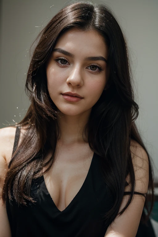 Portrait of 1 young 20yo woman, black hair, wearing colorful dress, perfect eyebrow, perfect lips, perfect nose, professional color graded, wonderful woman, cute russian woman, sharp focus, long hair, sports
