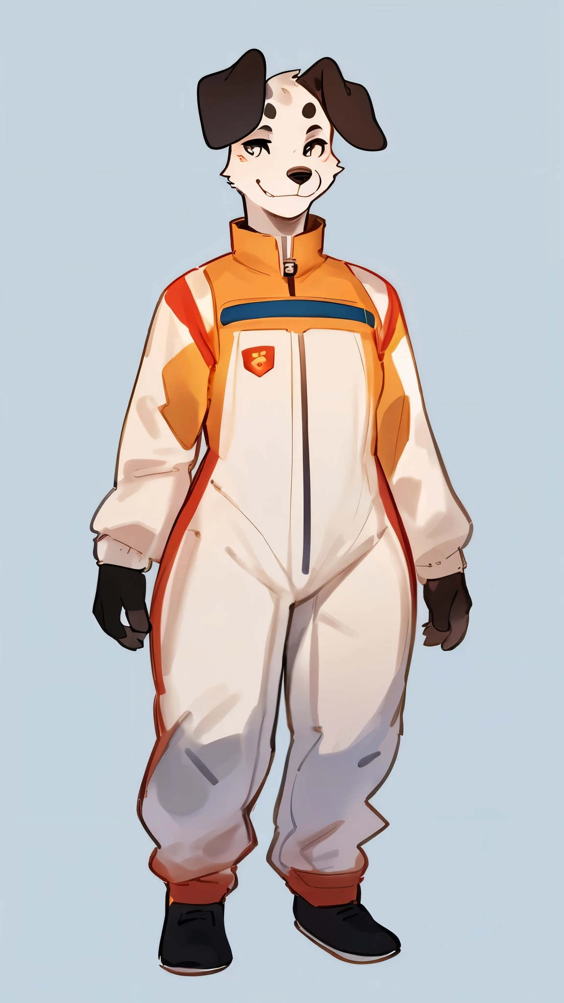 by bebebebebe, be lostgoose, by goonie-san, solo, female, dalmation, snout, floppy ears, smirking, sassy, short, detailed eyes, standing, spacesuit