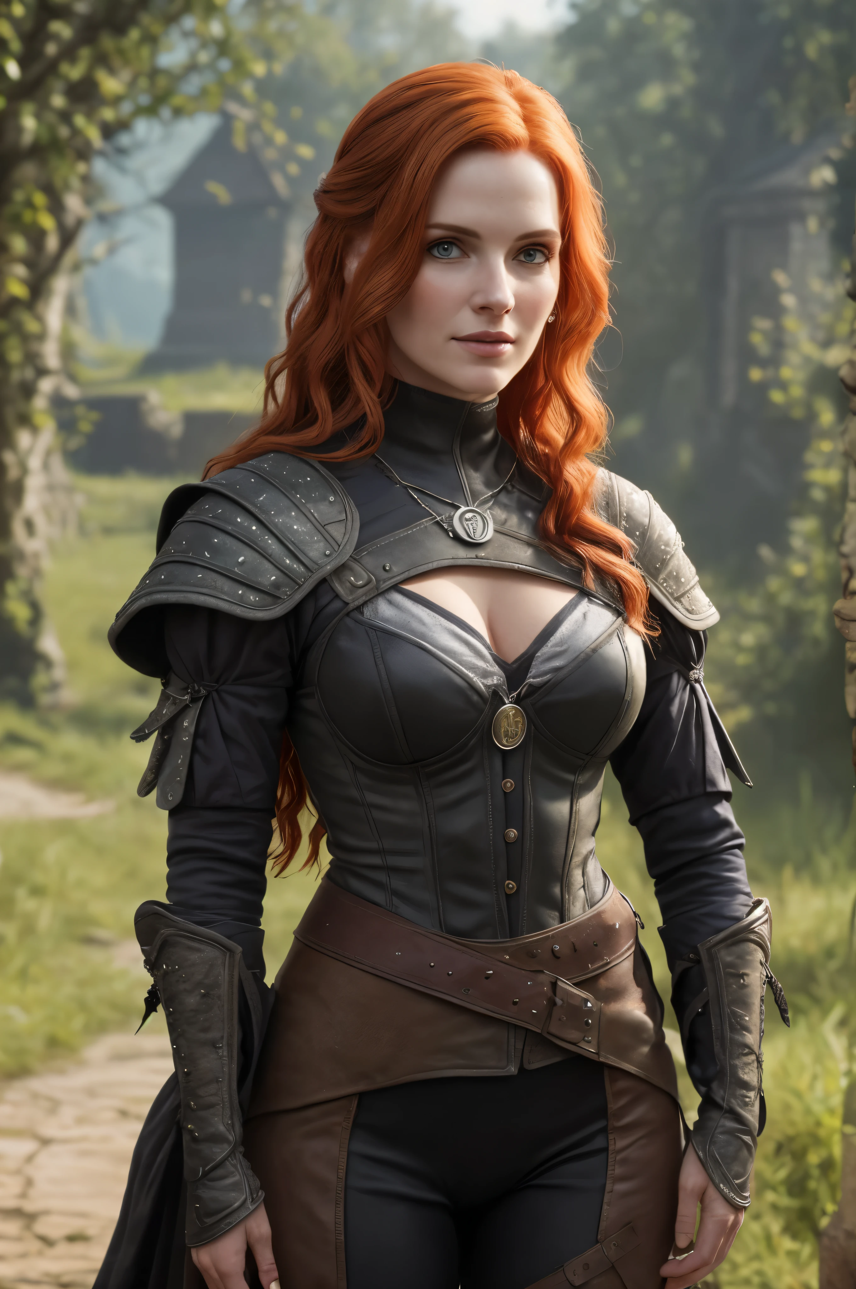 (Realistic:1.2), analog photo, RAW, female sorceress with red hair and tiny clothes, Triss Merigold, fantastic setting in "Witcher" style, whole body, Soft natural light, Cute and sexy, Pleasure, Detailed face and eyes, отличное Quality, masterpiece, detailed fantasy background with medieval setting, Quality: 16 thousand.