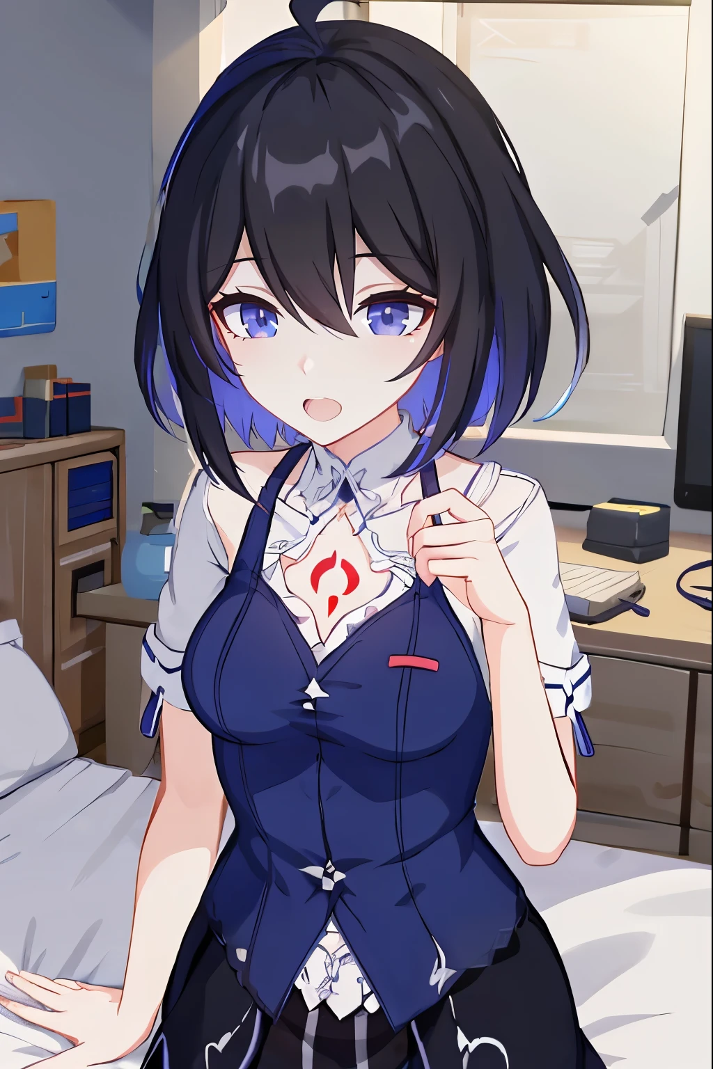 1 girl, best quality, ultra high res, ahoge, Seele Vollerei, medium breast, smile, small body, open mouth, azure clothes, short sleeves, bedroom, white bed sheets, pov, chest  tattoo, upper body, looking at viewers, looking you, blue eyes, black hair, blue hair, perfect detailed, 