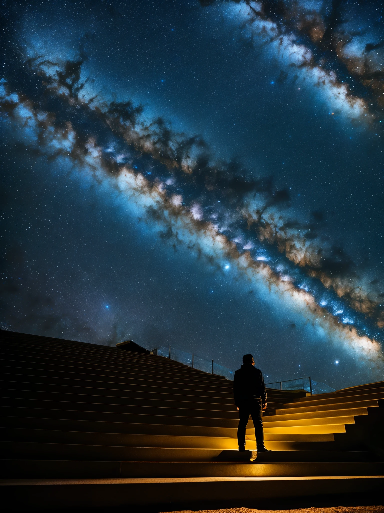 A man stands looking upwards towards a staircase leading to the stars. He has one foot on the staircase. The staircase is made of golden light and trails off into the distance of a gigantic nebula.