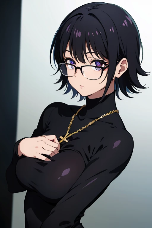 Shizuku Murasaki, 1girl, cute, black hair, short hair, glasses, expressionless, large breast, ((tight black long sleeve turtleneck shirt)), (upper body, looking at view), (masterpiece, high resolution, best quality, anime colored, anime screencap, 8k, photorealistic), denim, inverted cross chain necklace, (perfect detailed anatomy, beautiful detailed eyes&hair, beautiful detailed body&breast)