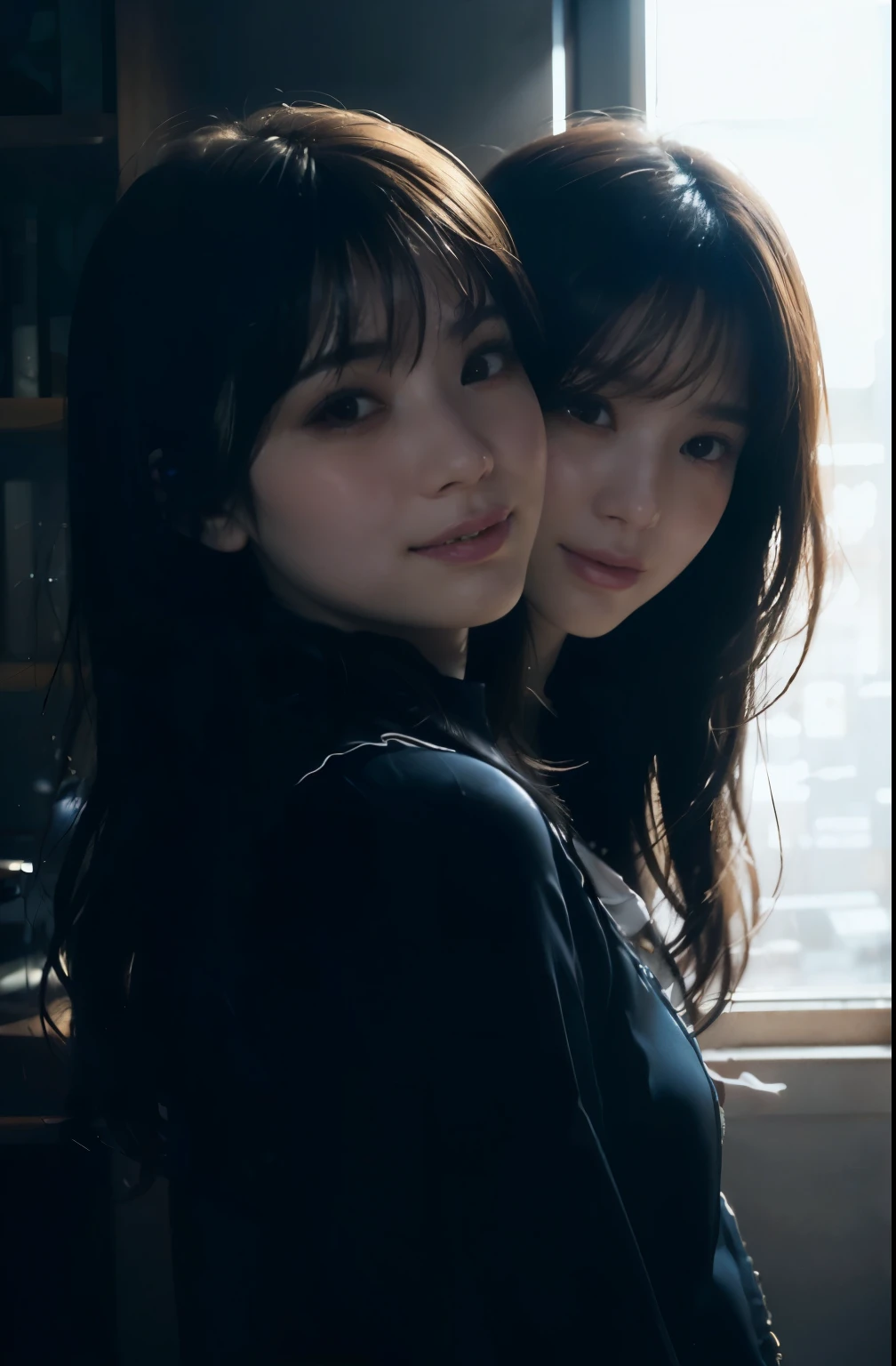 ((You may be one person to the world but you may also be the world to one person, paradox, Adrian Ghenie, jenny saville, edward hopper, dark art by James Jean, (two_heads:1.5), Takato Yamamoto)),(RAW photo, best quality), ((Nostalgia,1980s syle)),(A girl with a literary atmosphere:1.2),(realistic, photo-realistic:1.3), extremely delicate and beautiful, Amazing, finely detail, masterpiece, ultra-detailed, highres,best illustration, best shadow,intricate,depth of field,1girl,(long legs:1.4),long hair,messy hair,((((low key,dark scene,dimly lit)))),fat,(((soft lighting:1.4))),(pale skin:1.4),(shy smile),(cinematic angle),sharp focus, volumetric fog, 8k UHD, DSLR, high quality,( film grain:1.4), Fujifilm XT3,(looking at viewer), upper body