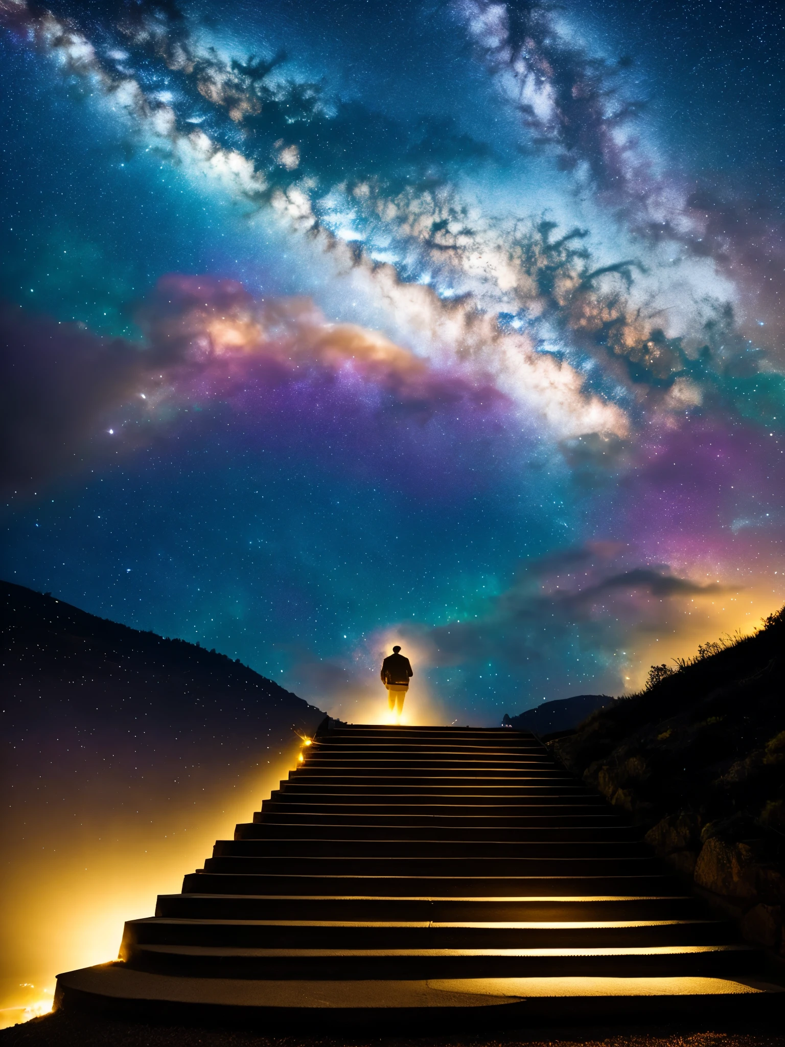 A man stands looking upwards towards a staircase leading to the stars. He has one foot on the staircase. The staircase is made of golden light and trails off into the distance of a gigantic nebula.