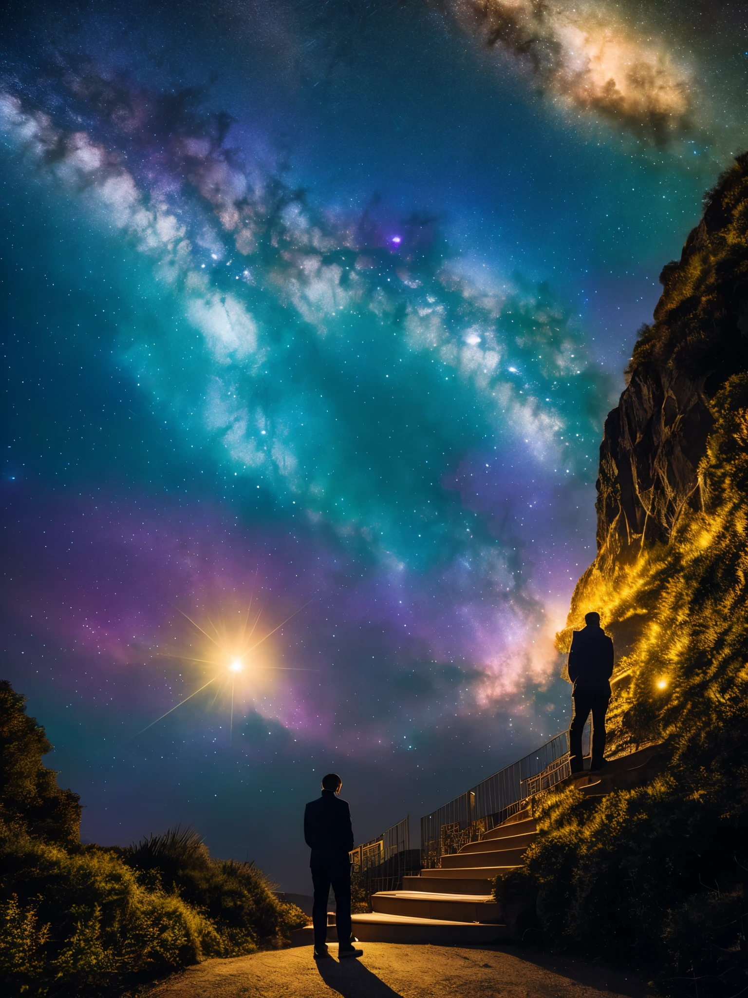 A man stands looking upwards towards a staircase leading to the stars. He has one foot on the staircase. The staircase is made of golden light and trails off into the distance of a gigantic nebula.