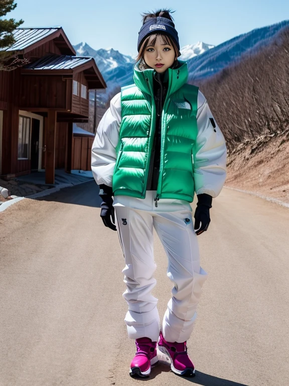 very detailed、masterpiece、Ski Resort Background、a woman in a (white down vest at northface):1.4, white puffer vest and black pants posing for a picture, model is wearing techtical vest, sportswear, sportswear, かわいいsportswear, nanocarbon-vest, white!!, white coat, tech wear women pictures, 2 techwear women, catalog photo, stylish coat for rave, full body photo, future inflatable jacket, Miko, Kim Woo