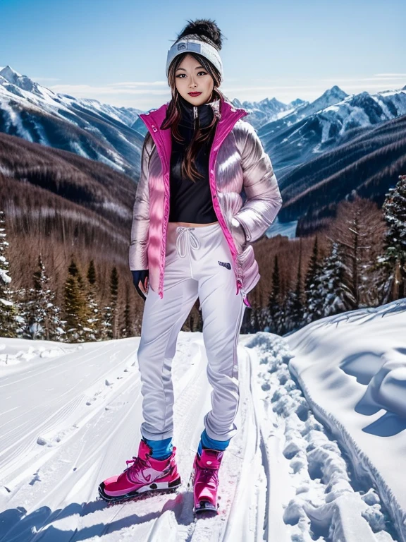 very detailed、masterpiece、Ski Resort Background、a woman in a (white down vest at northface):1.4, white puffer vest and black pants posing for a picture, model is wearing techtical vest, sportswear, sportswear, かわいいsportswear, nanocarbon-vest, white!!, white coat, tech wear women pictures, 2 techwear women, catalog photo, stylish coat for rave, full body photo, future inflatable jacket, Miko, Kim Woo