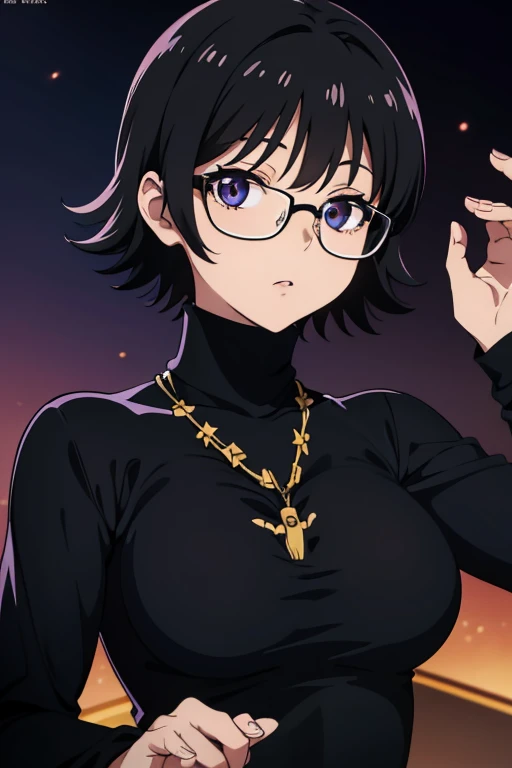 Shizuku Murasaki, 1girl, cute, black hair, short hair, glasses, expressionless, large breast, ((tight black long sleeve turtleneck:1.5)), (upper body, looking at view), (masterpiece, high resolution, best quality, anime colored, anime screencap, 8k, photorealistic), denim, inverted cross chain necklace, (perfect detailed anatomy, beautiful detailed eyes&hair, beautiful detailed body&breast)