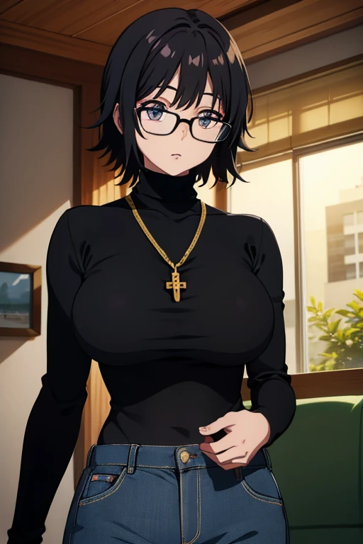 Shizuku Murasaki, 1girl, cute, black hair, short hair, glasses, expressionless, large breast, ((tight black long sleeve turtleneck:1.5)), (upper body, looking at view), (masterpiece, high resolution, best quality, anime colored, anime screencap, 8k, photorealistic), denim, inverted cross chain necklace, (perfect detailed anatomy, beautiful detailed eyes&hair, beautiful detailed body&breast)