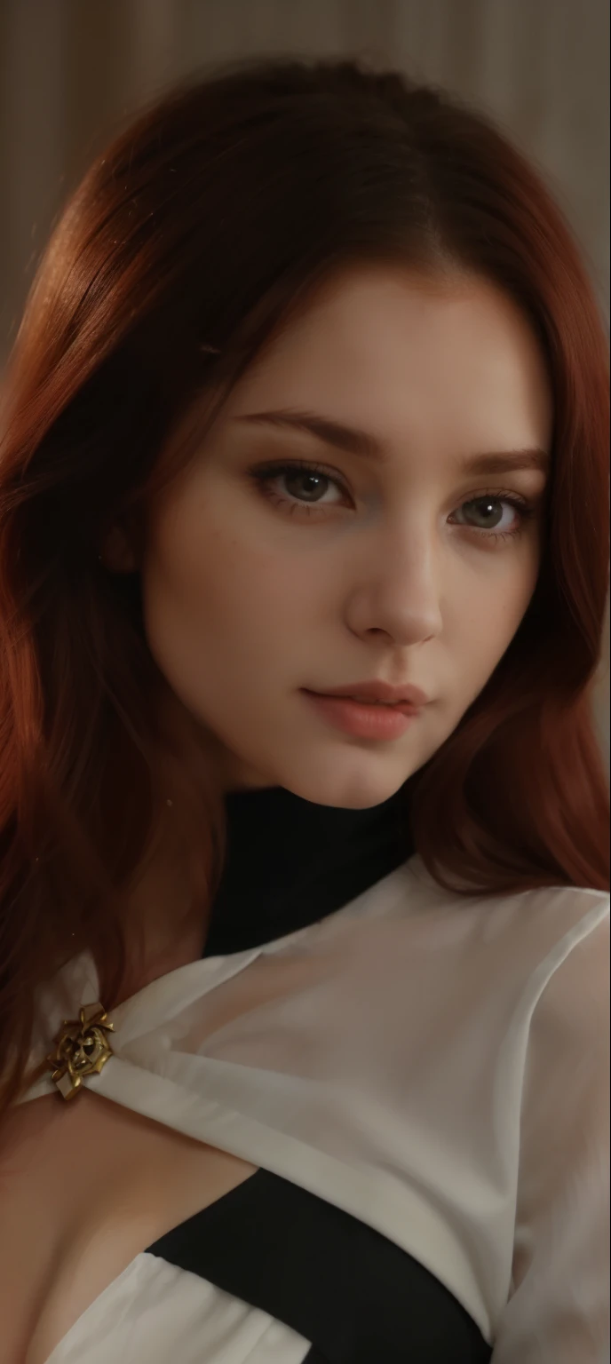 arafed image of a woman with a furry coat and a cat, attractive female face!!!, very very very beautifull face, cute face. dark fantasy, attractive beautiful face, beautiful female, gorgeous attractive face, ███beautiful face███, !seductive eyes and face!, perfect face ), extremely beautiful face, pale skin, snow white colored skin, young, buetifull, red hair parted to the side,