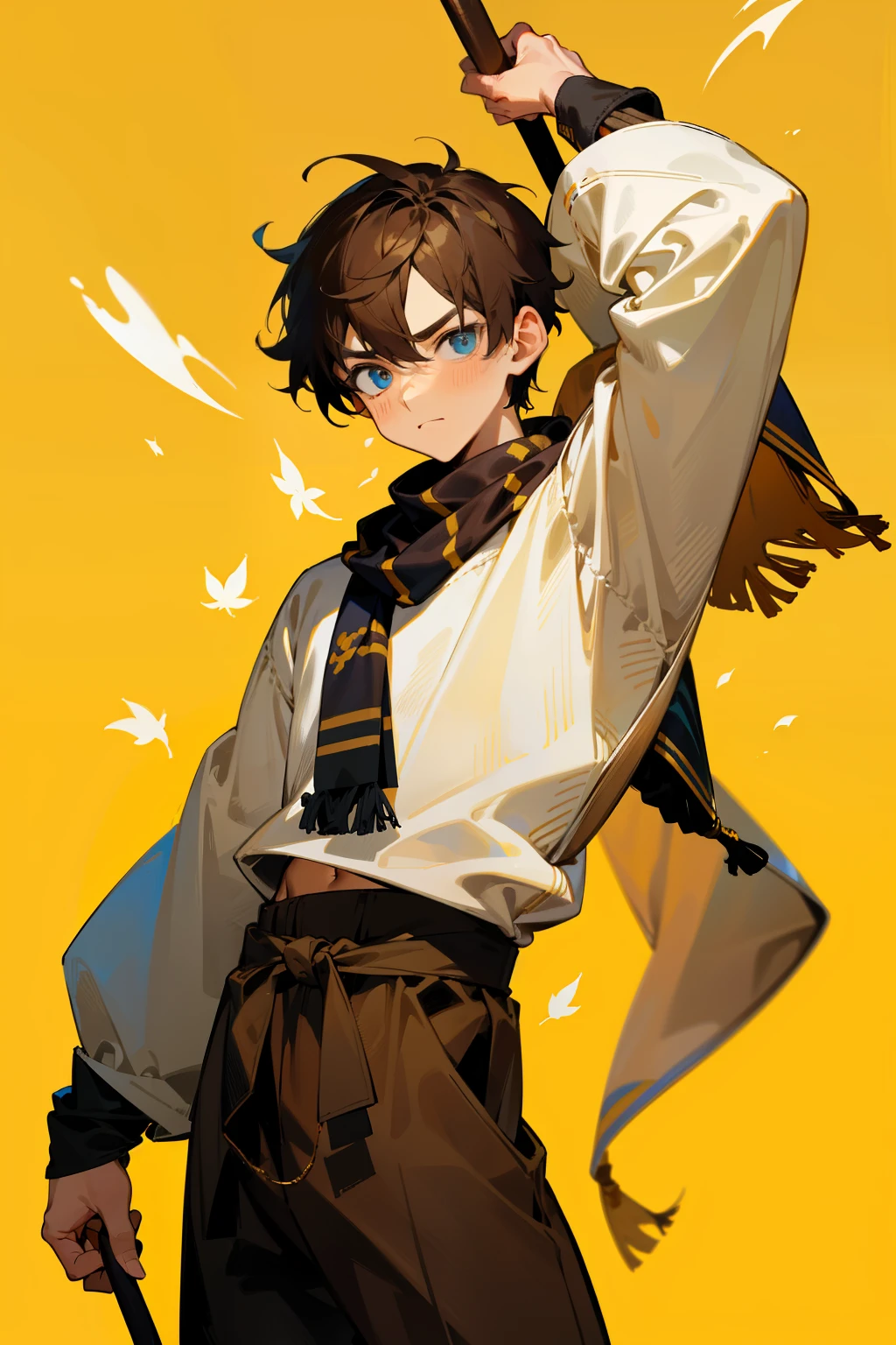 One boy, standing at a height of 1.65 meters, wears baggy brown pants and a white sweater with black sleeves that feature a distinctive blue vertical stripe. Wrapped around his neck is a large brown scarf, and he accessorizes with yellow popillas. Nearby, a giant brush, almost as big as him, stands with a brown handle decorated with a golden detail. His eyes are focused on the canvas before him, filled with a yellowish shiny background and a leaves paper background as his palette. The boy's expression is intense as he wields the black ink power in his hand, ready to create a masterpiece.