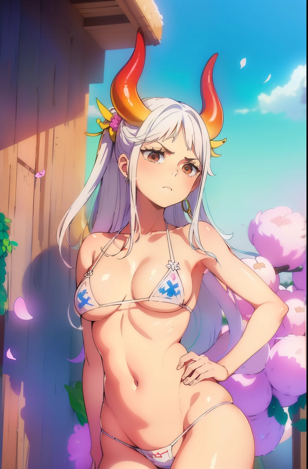 small red horns, (Obra maestra:1.2, La mejor calidad), (Hermosos ojos finamente detallados: 1.2), ((1girl)), ((solamente)), (brown eyes:1.4), (ojos finamente detallados y cara detallada:1.3), (Fondo hermoso y claro:1.2), (CG extremadamente detallado, Ultra detallado, Mejor sombra:1.1), ((Profundidad de campo)), senos grandes, hombros desnudos, flowers and petals, beautiful concept illustration, (fondo blanco:0.5), (illustration:1.1), (extremadamente fino y hermoso:1.1), (Detalles perfectos:1.1), Yamato, white hair, armpits, micro bikini, big breasts