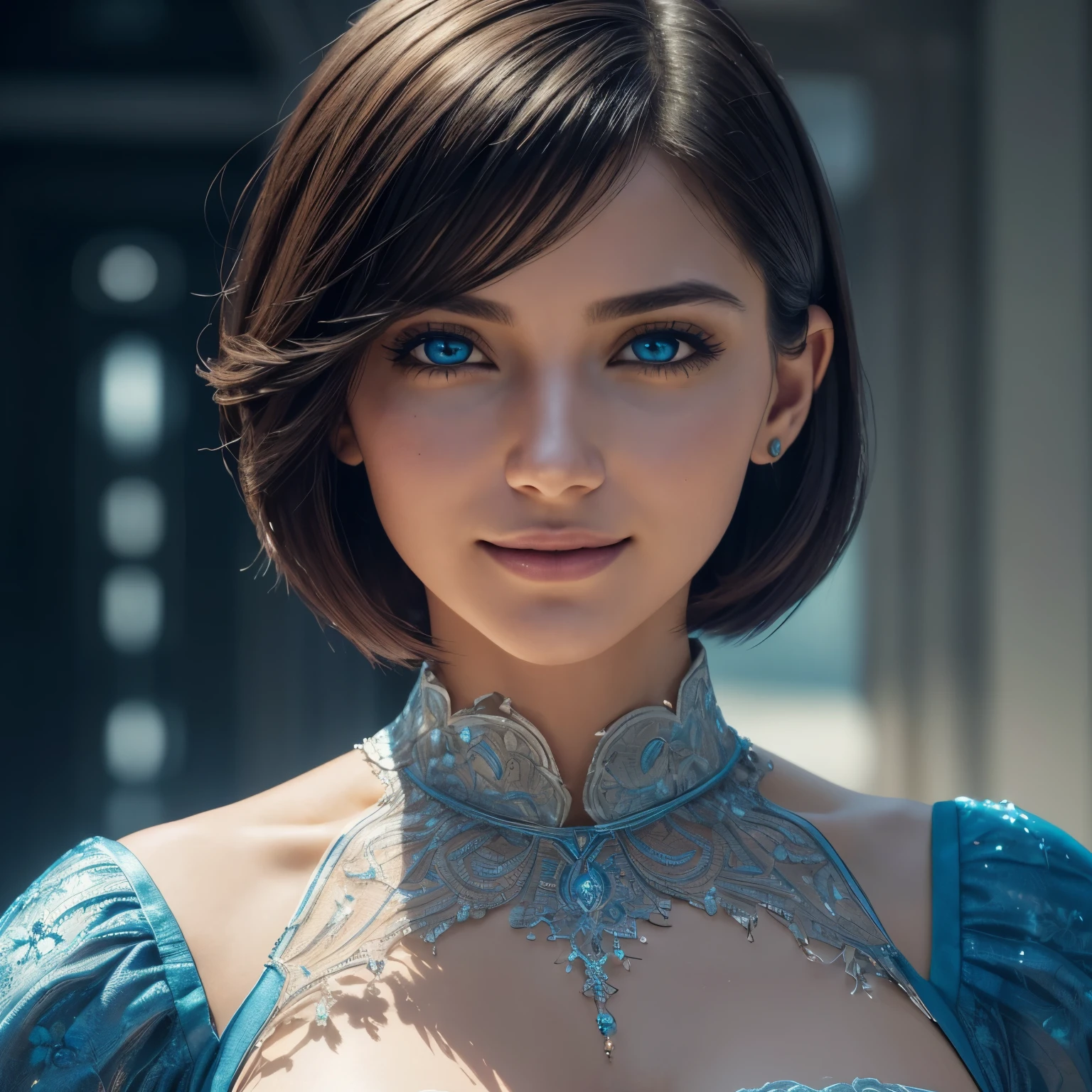Real Life, Ultra Realistic, Photorealism, Photography, 8K UHD, Photo, HDR, Complex and Elegant, Highly Detailed, Sharp Focus, Stunning, Beautiful, Gorgeous), (Masterpiece: 1.2, Best Quality 1:1, Ultra Detail: 1.2, Best Shadows, 8k: 1.1), (beautiful detailed face), high contrast, (perfect lighting: 1.2, beautiful color, delicate color), (cinematic light)), colorful, hyper-detail, dramatic light, intricate detail, (Isabel Merced, matrix inspired clothing, bob_cut_ hair, blue eyes, dynamic angle, smiling, huge boobs:1.3, nsfw)