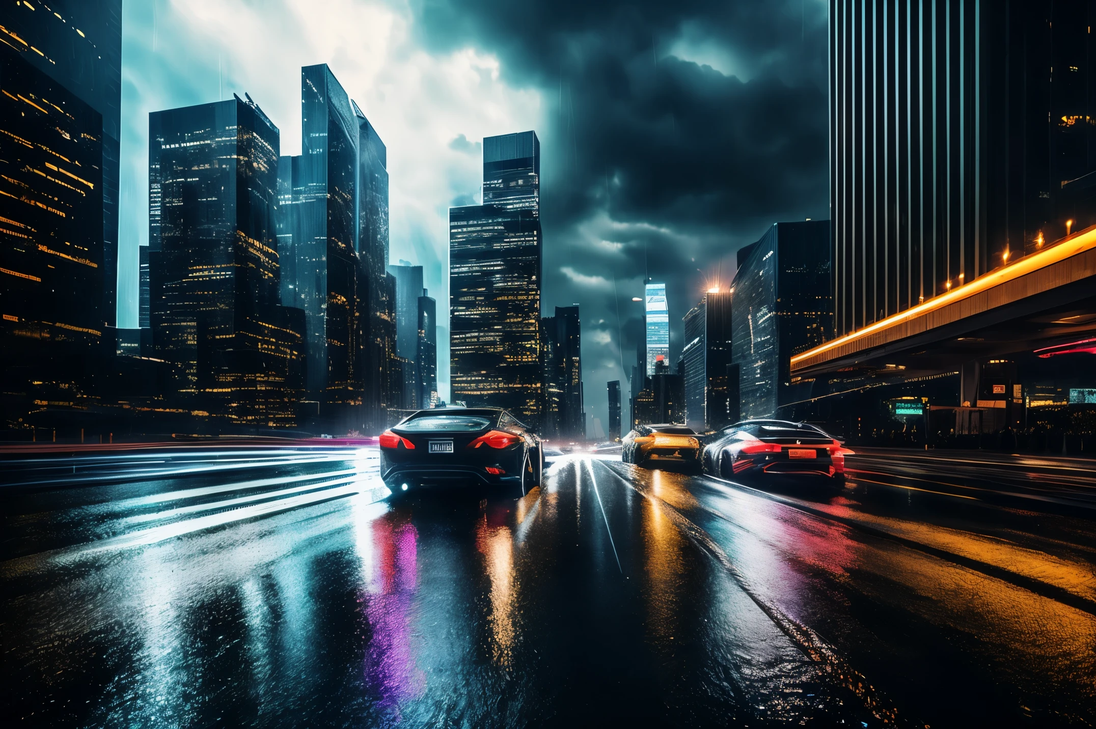A stunning photorealistic photograph of a futuristic cityscape in the midst of a rainstorm. Raindrops glisten on the surfaces of the towering skyscrapers, creating a mesmerizing reflection of the vibrant city lights. The composition captures the dynamic energy of the city, with streaks of car lights and illuminated signs cutting through the rain-soaked atmosphere. The mood is both mysterious and captivating, evoking a sense of intrigue and anticipation in the viewer.