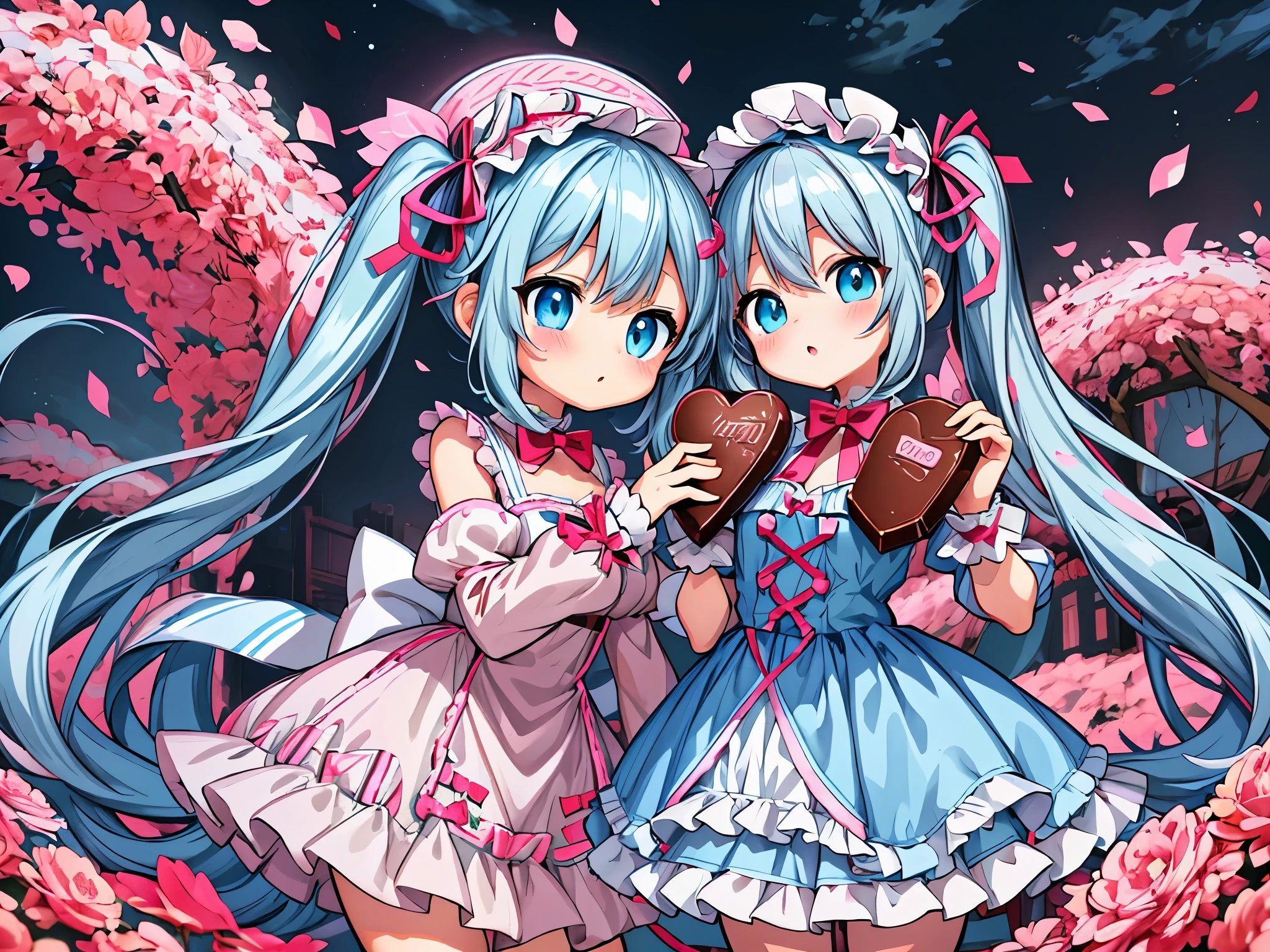 anime girl holding big chocolate for valentine&#39;s day ribbon, light blue long hair、twin tails、anime moe art style,cute lolita costume、 Cute girl anime visual, small change girl, anime food, small curvy change, change, cute anime girl, anime style 4k, Also, pixiv