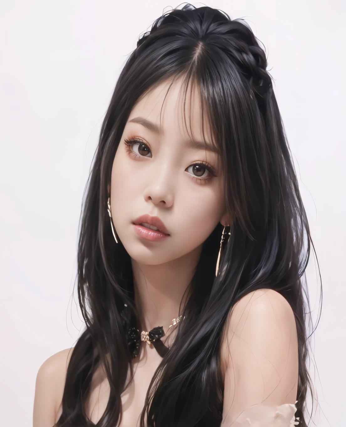 a close up of a woman with long black hair wearing a choke, portrait of jennie of blackpink, , portrait of female korean idol, body, Jennie blackpink,maid dress