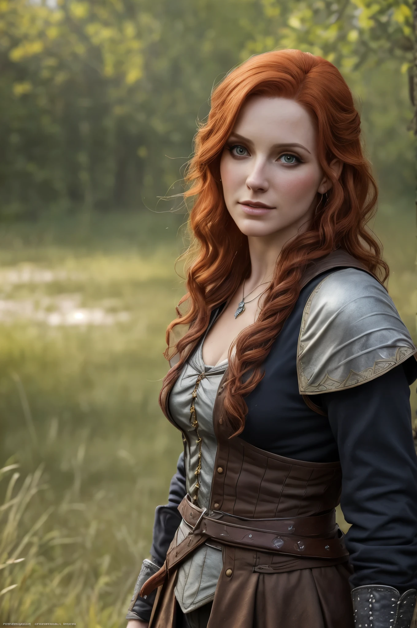 (Realistic:1.2), analog photo, RAW, female sorceress with ginger hair and minuscule clothes, Triss Merigold, fantasy setting in "Witcher" style, full body, soft natural light, cute and sexy, pleasure, detailed face and eyes, better quality, masterpiece, detailed fantasy background with medieval environment, Quality: 16K