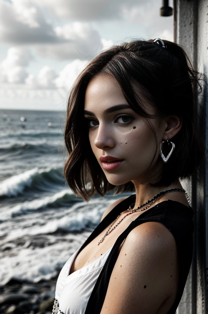 b&w photo of angelinak in black clothes, earrings, face, half body, necklace, high detailed skin, skin pores, 3 moles on left cheek, coastline, overcast weather, wind, waves, 8k uhd, dslr, soft lighting, high quality, film grain, Fujifilm XT3