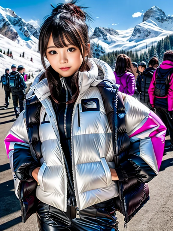 very detailed、masterpiece、Ski Resort Background、a woman in a (white down vest at northface):1.4, white puffer vest and black pants posing for a picture, model is wearing techtical vest, sportswear, sportswear, かわいいsportswear, nanocarbon-vest, white!!, white coat, tech wear women pictures, 2 techwear women, catalog photo, stylish coat for rave, full body photo, future inflatable jacket, Miko, Kim Woo
