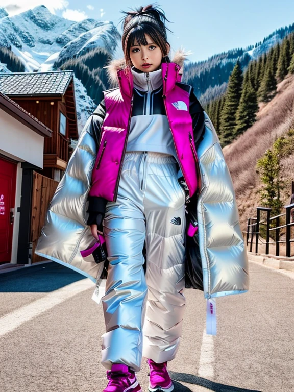very detailed、masterpiece、Ski Resort Background、a woman in a (white down vest at northface):1.4, white puffer vest and black pants posing for a picture, model is wearing techtical vest, sportswear, sportswear, かわいいsportswear, nanocarbon-vest, white!!, white coat, tech wear women pictures, 2 techwear women, catalog photo, stylish coat for rave, full body photo, future inflatable jacket, Miko, Kim Woo