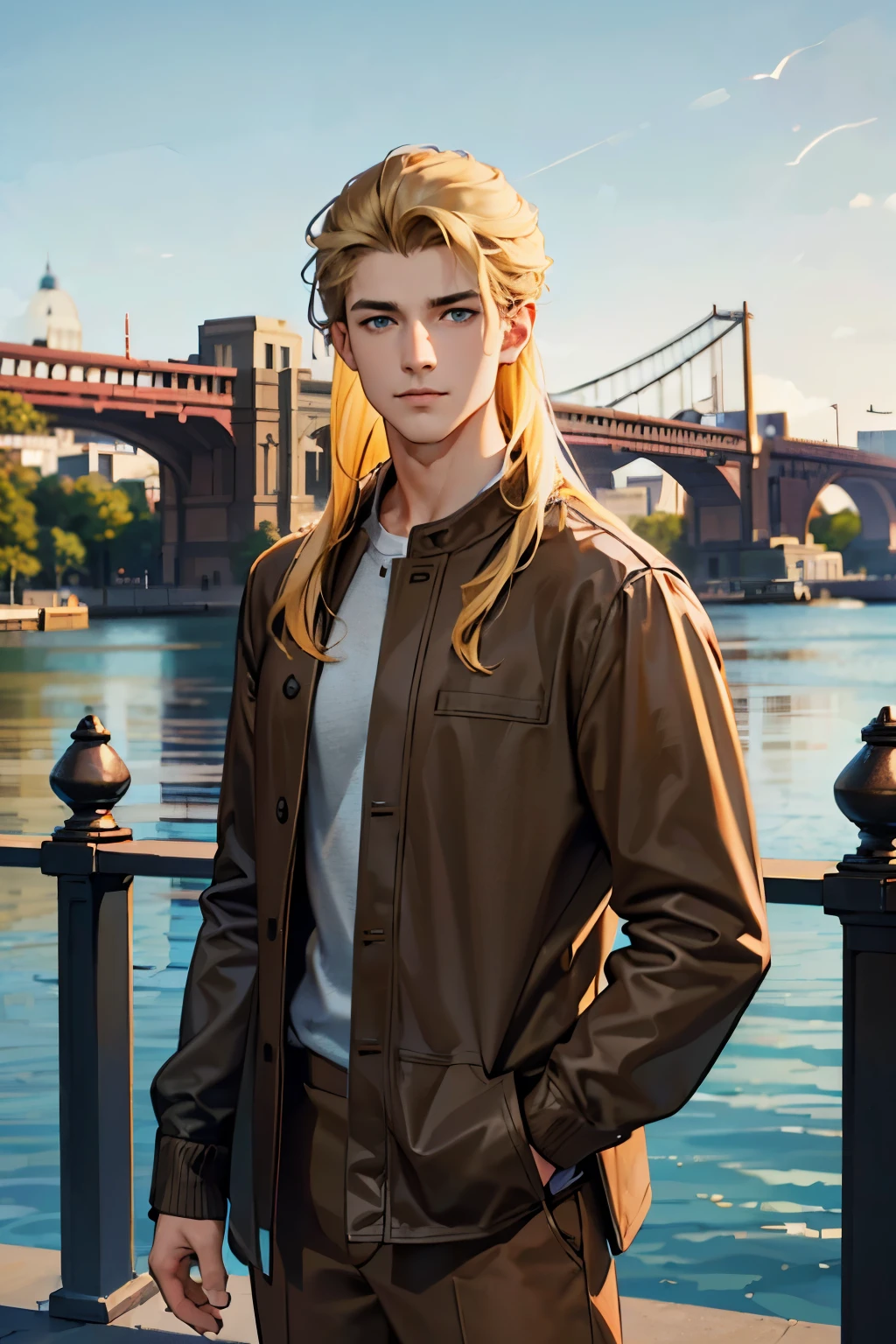 A 20-year-old man standing with casual clothes, (((brown clothes))), blonde hair, long hair, blue eyes, smirking, park background, DSRL, facing the viewer of the photo, eyes staring into the lens, man centered in photo, 8k, best quality, masterpiece, realistic, realistic photo, cinema photo, ultra realistic, 1 person, detailed, Dark Dark Lighting