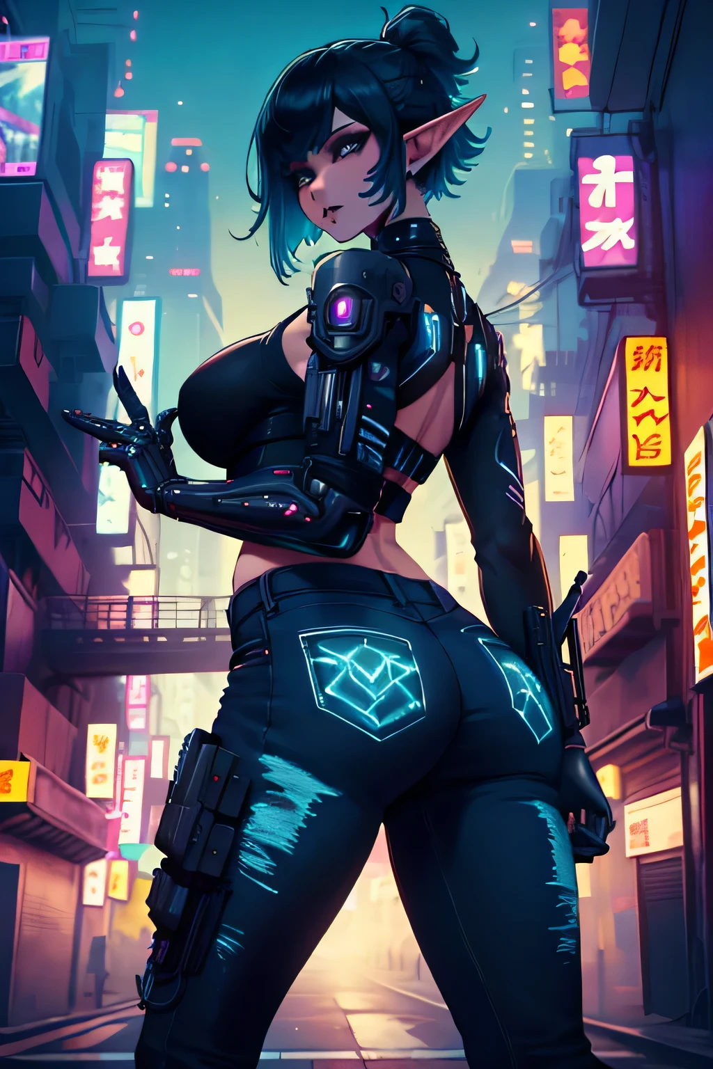 elf, black lipstick, short hair, sexual, fat ass, Cloth, One, cyberpunk, cyberpunk style, cyberpunk city, night city, Weapon, jeans, modern Cloth, jeans, mercenary girl, A gun, cyberpunk armor, augmentations, cyberpunk augmentations, Heavy armor, cyberpunk armor, Metal hands, Extra hands