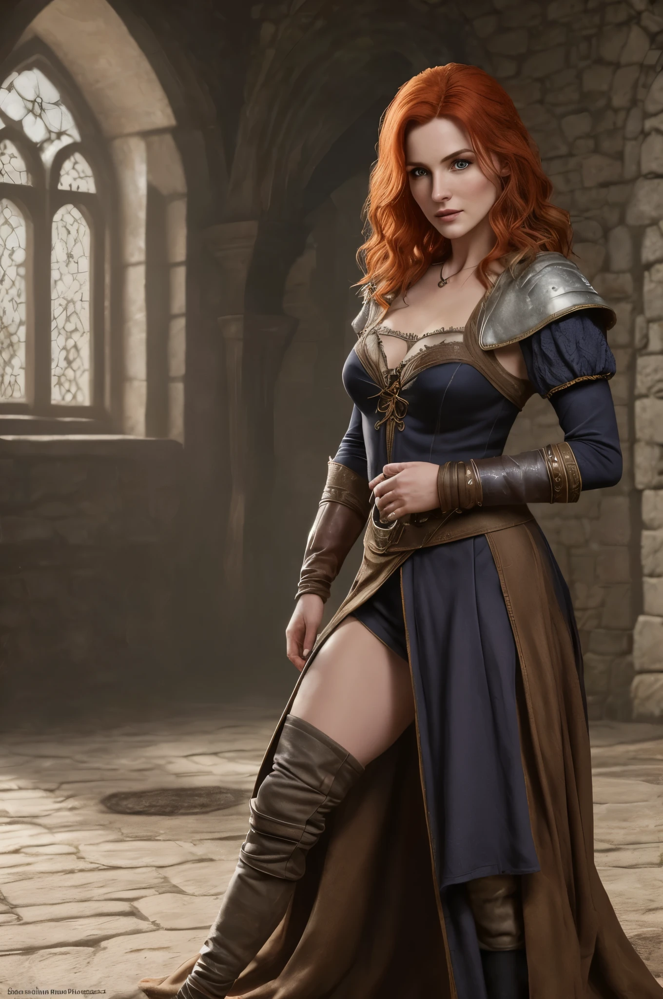 (Realistic:1.2), analog photo, RAW, female sorceress with ginger hair and minuscule clothes, Triss Merigold, fantasy setting in "Witcher" style, full body, soft natural light, cute and sexy, pleasure, detailed face and eyes, better quality, masterpiece, detailed fantasy background with medieval environment, Quality: 16K