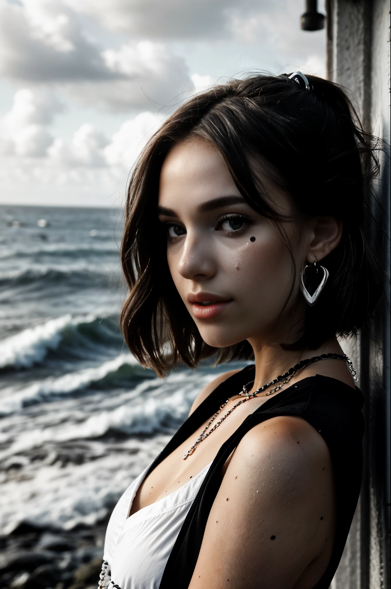 b&w photo of angelinak in black clothes, earrings, face, half body, necklace, high detailed skin, skin pores, 3 moles on left cheek, coastline, overcast weather, wind, waves, 8k uhd, dslr, soft lighting, high quality, film grain, Fujifilm XT3
