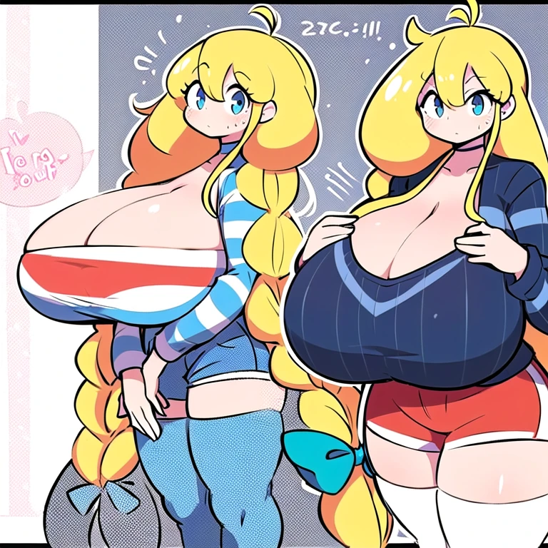 (cassie, theycallhimcake, blonde hair, very long hair, braid, bow, striped shirt, white stripes, long sleeves, red shorts, gigantic breasts, blue shirt)
