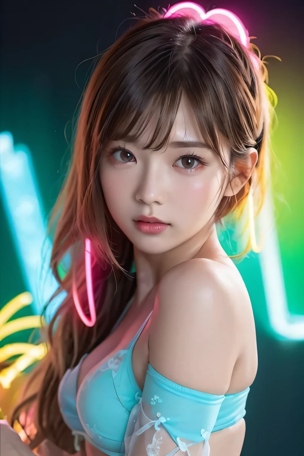 8K,((pieces fly,highest quality)),1 girl、Bright colorful neon light background、glow in the dark ,bioluminescent color glow、 Beautiful gorgeous woman in bright colorful neon light,,beautiful and fine eyes、 (upper shot:1.2), long messy wavy hair, , ,face with shadow、Because I'm slender、flat body、cute、change