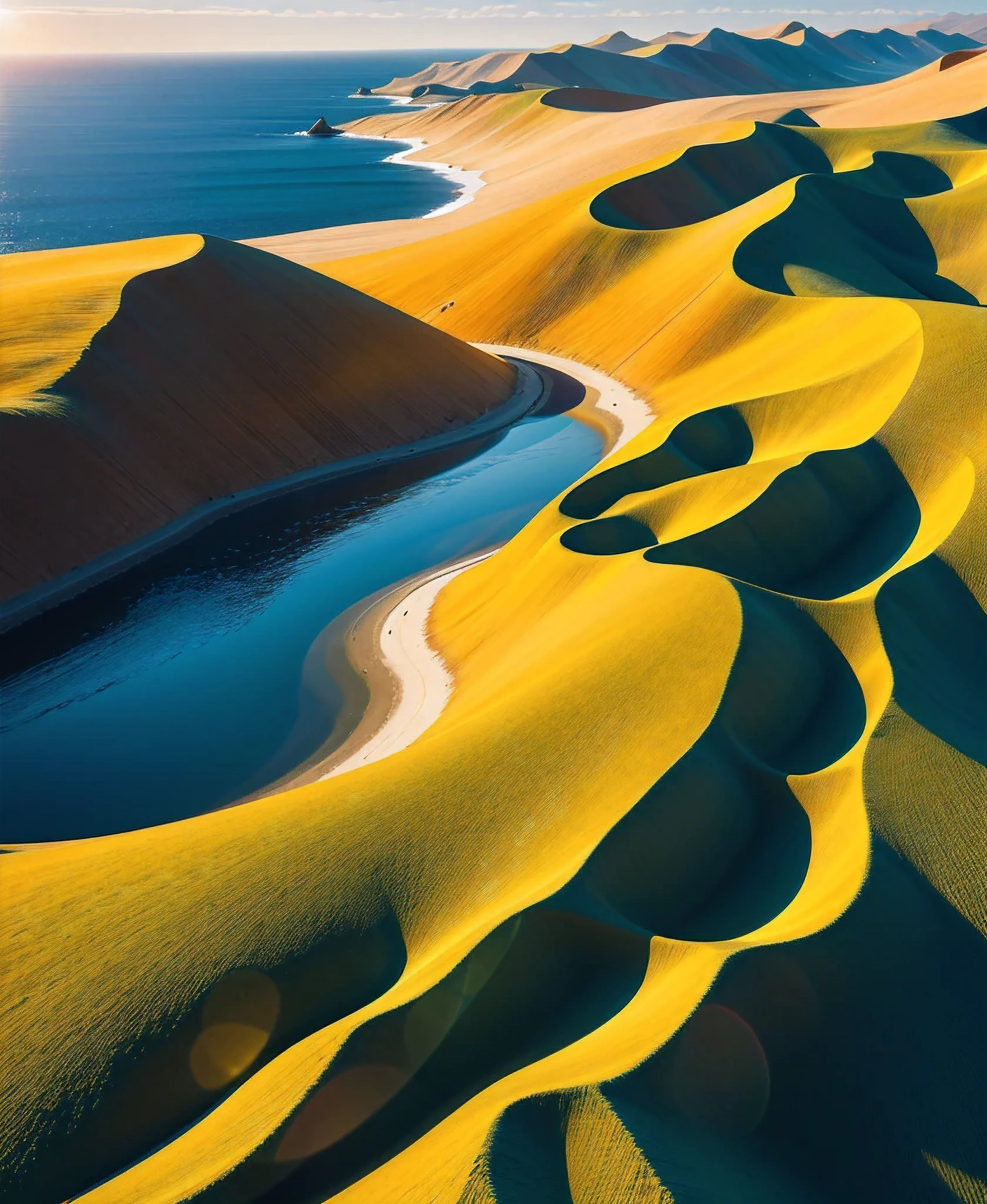 flying over the meadow with some sunflower fields where at the end you can see dunes and ocean, incident sunlight, blue sky, illustration, beautiful landscape, sharp focus, digital art, abstract art, mdjrny-v4 style, dunes, ocean