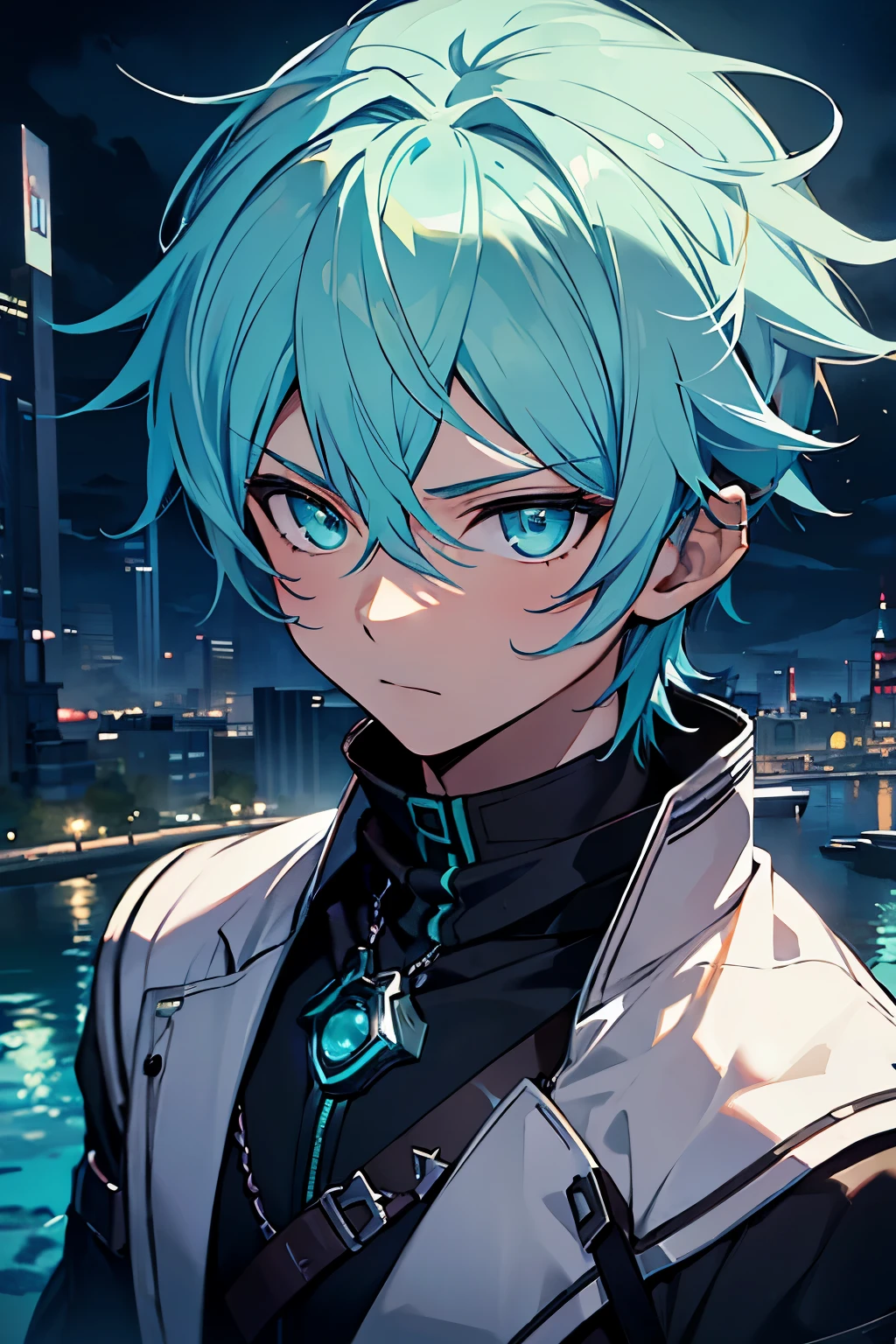 masterpiece, best quality, ((((1boy)))), (colorful),(finely detailed beautiful eyes and detailed face),cinematic lighting,extremely detailed 8k wallpaper, sky, cloudy_sky, building, moonlight, moon, night, (dark theme:1.3), light, fantasy, (((Only one character))), 1 boy, male, cyan hair, cyan eyes, Sinon Gun Gale Online, Final Fantasy XIV, Serene expression, ((Sinon))