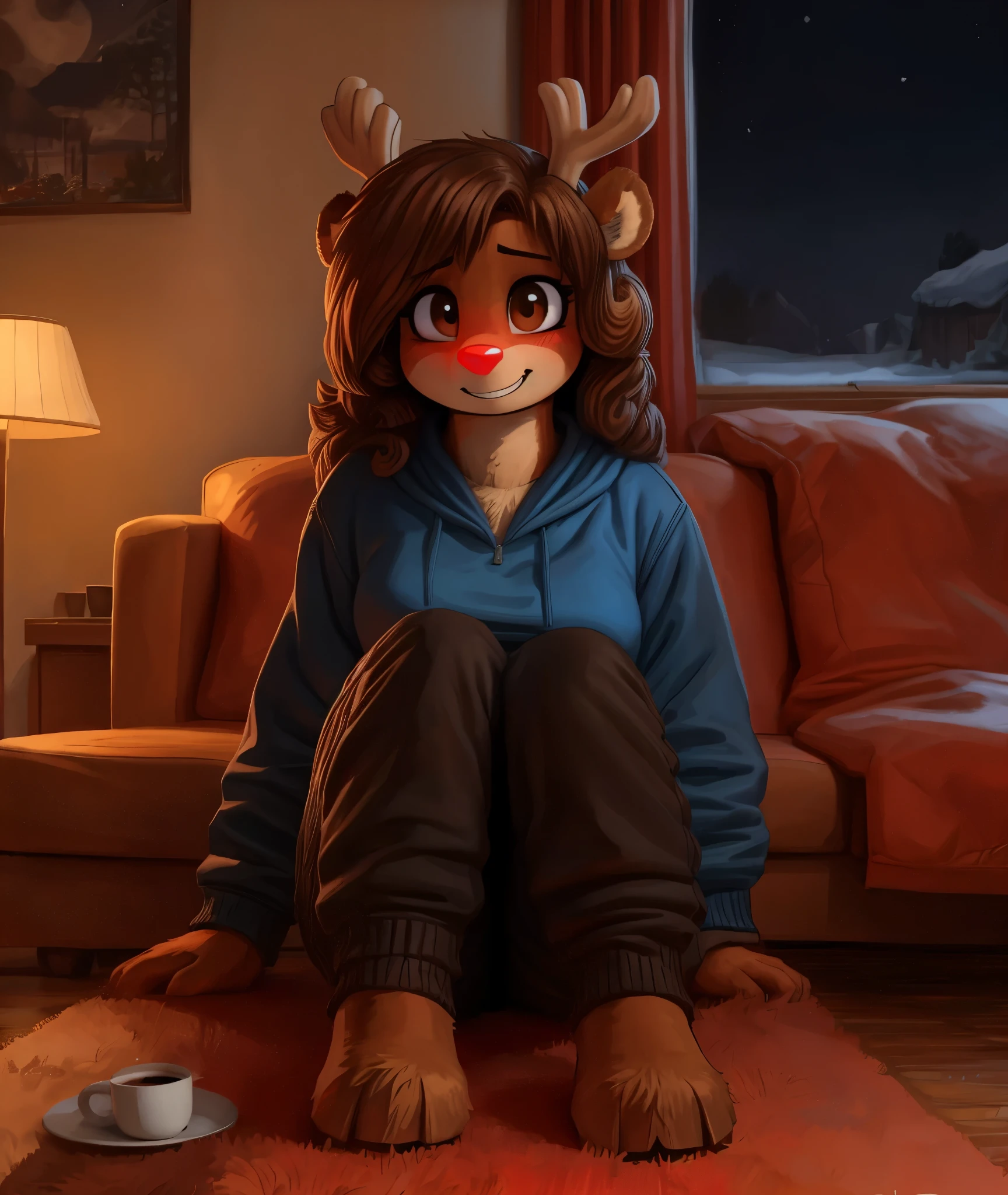 [Rue_(the-minuscule-task)], [Uploaded to e621.net; (pixelsketcher), (wamudraws), (the-minuscule-task)], ((masterpiece)), ((HD)), ((high res)), ((solo portrait)), ((furry; anthro)), ((detailed fur)), ((detailed shading)), ((beautiful render art)), {anthro female reindeer; (slim figure), brown fur, (glowing red nose), small round ears, (small reindeer horns), (cute brown eyes), (short eyelashes), (long brown curly hair), (curvy hips), (beautiful legs), (beautiful feet), (hoove toes), (blushing), (cute grin), (embarrassed expression)}, (blue pull-over hoodie), (black pajama pants)}, {(sitting on couch), (hands in lap), (looking at viewer)}, [background; (living room), (coffee table), (ceiling light), (window), (red curtains), (nighttime), (starry sky), (snow), (full moon)]