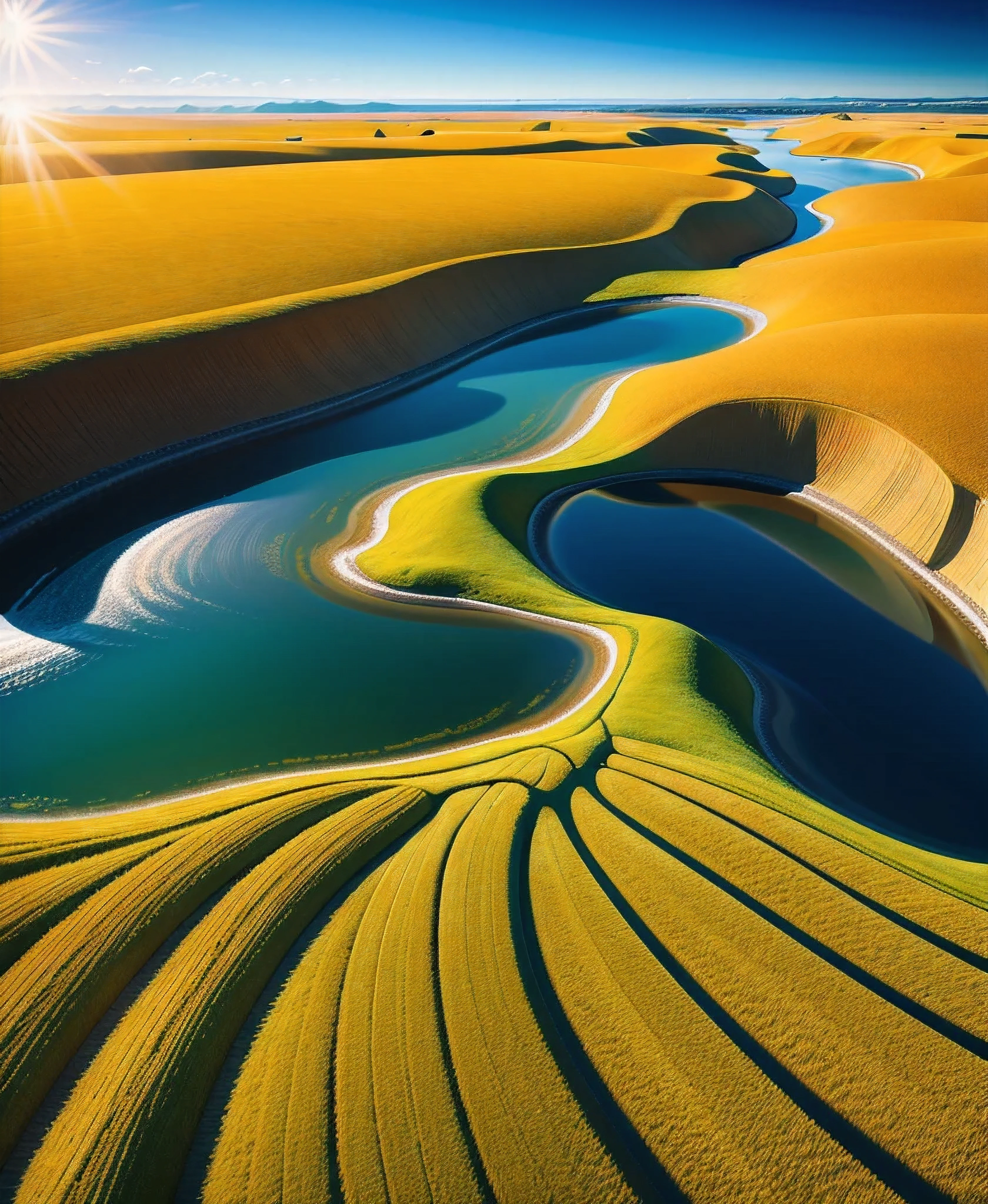 flying over the meadow with some sunflower fields where at the end you can see dunes and ocean, hyper realistic, very detailed,  incident sunlight, blue sky, illustration, beautiful landscape, sharp focus, digital art, abstract art, mdjrny-v4 style, dunes, ocean  