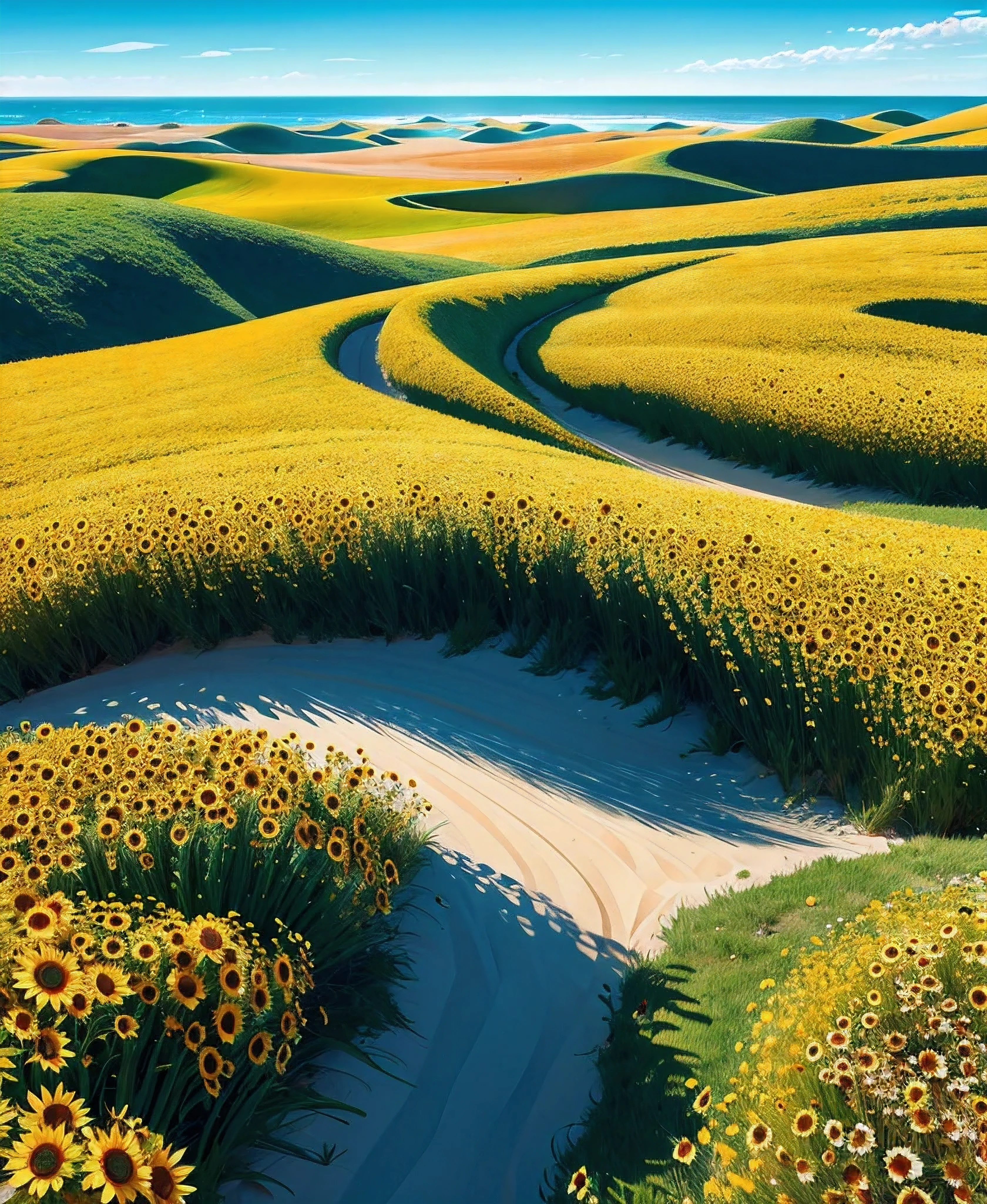flying over the meadow with some sunflower fields where at the end you can see dunes and ocean, hyper realistic, very detailed, incident sunlight, blue sky, illustration, beautiful landscape, sharp focus, digital art, abstract art, mdjrny-v4 style, dunes, ocean