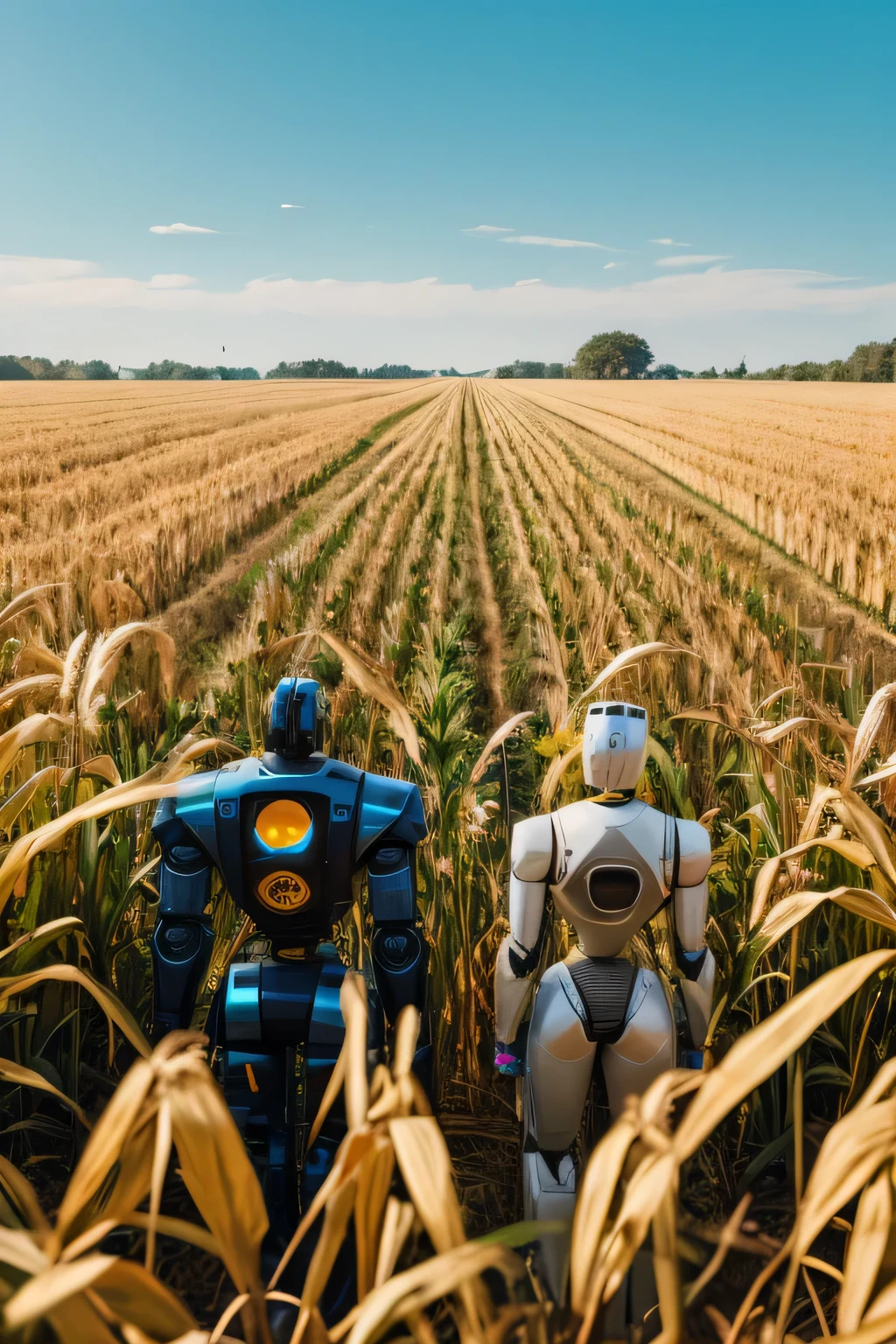 robots in the distance in a cornfield