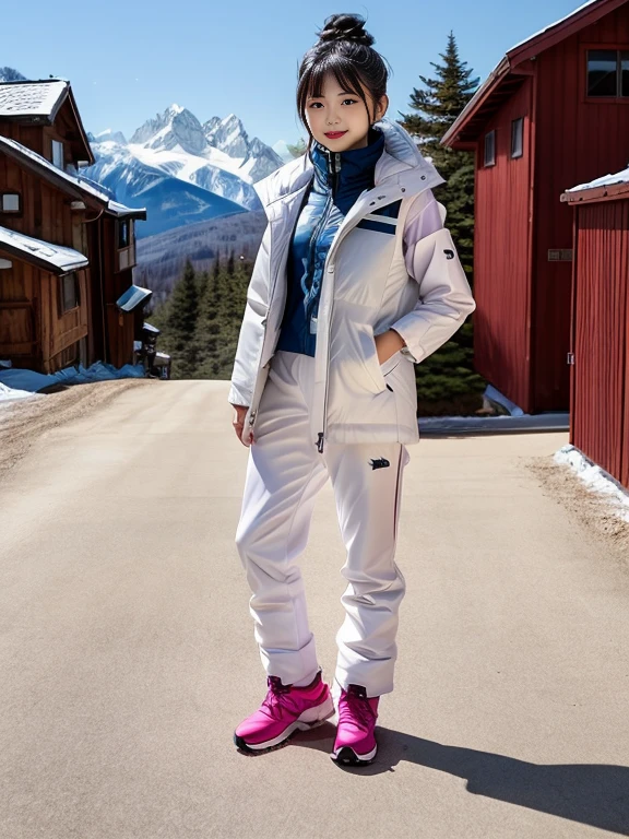 very detailed、masterpiece、Ski Resort Background、a woman in a (white down vest at northface):1.4, white puffer vest and black pants posing for a picture, model is wearing techtical vest, sportswear, sportswear, かわいいsportswear, nanocarbon-vest, white!!, white coat, tech wear women pictures, 2 techwear women, catalog photo, stylish coat for rave, full body photo, future inflatable jacket, Miko, Kim Woo