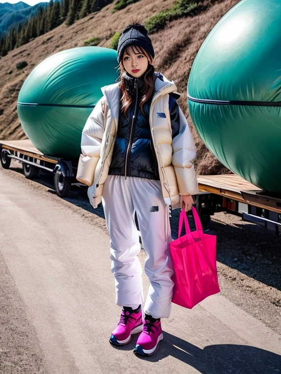 very detailed、masterpiece、Ski Resort Background、a woman in a (white down vest at northface):1.4, white puffer vest and black pants posing for a picture, model is wearing techtical vest, sportswear, sportswear, かわいいsportswear, nanocarbon-vest, white!!, white coat, tech wear women pictures, 2 techwear women, catalog photo, stylish coat for rave, full body photo, future inflatable jacket, Miko, Kim Woo