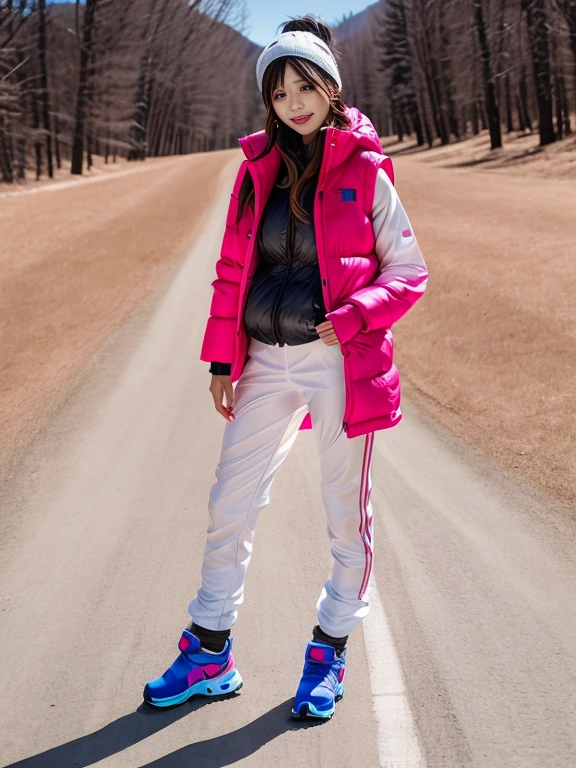 very detailed、masterpiece、Ski Resort Background、a woman in a (white down vest at northface):1.4, white puffer vest and black pants posing for a picture, model is wearing techtical vest, sportswear, sportswear, かわいいsportswear, nanocarbon-vest, white!!, white coat, tech wear women pictures, 2 techwear women, catalog photo, stylish coat for rave, full body photo, future inflatable jacket, Miko, Kim Woo