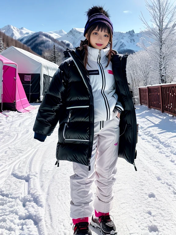 very detailed、masterpiece、Ski Resort Background、a woman in a (white down vest at northface):1.4, white puffer vest and black pants posing for a picture, model is wearing techtical vest, sportswear, sportswear, かわいいsportswear, nanocarbon-vest, white!!, white coat, tech wear women pictures, 2 techwear women, catalog photo, stylish coat for rave, full body photo, future inflatable jacket, Miko, Kim Woo
