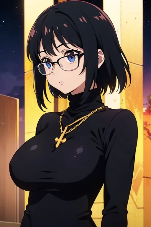 Shizuku Murasaki, 1girl, cute, black hair, short hair, glasses, expressionless, huge breast, ((tight black long sleeve turtleneck:1.5)), (front view, upper body, looking at view), (masterpiece, high resolution, best quality, anime colored, anime screencap, 8k, photorealistic), denim, inverted cross chain necklace, (perfect detailed anatomy, beautiful detailed eyes&hair, beautiful detailed body&clothes), night outdoors