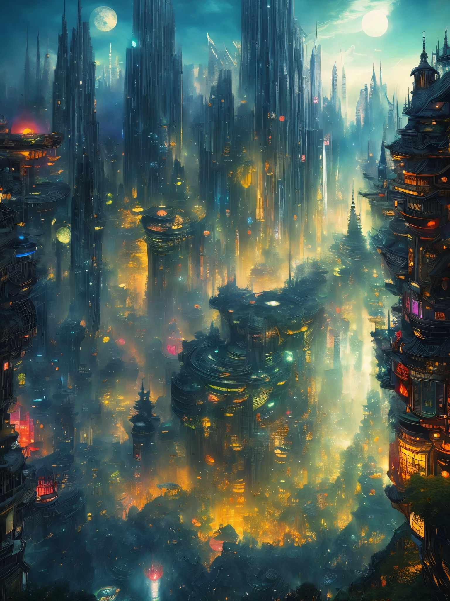 high quality, highly detailed, Picture an imaginative illustration inspired by the fusion of Gustav Doré, Yuko Higuchi, and Syd Mead, theme revolve around a fantastical cityscape where mythical creatures coexist with futuristic elements, creating a harmonious blend of the past, present, and future, The color palette be a dynamic fusion of Doré's classical monochromes, Higuchi's playful and vibrant hues, and Mead's sleek and futuristic tones, This collaborative masterpiece would be a visual journey through a world where the boundaries of time and genre seamlessly dissolve, inviting viewers to explore the richness of a cross-temporal and fantastical narrative, by yukisakura, high detailed,