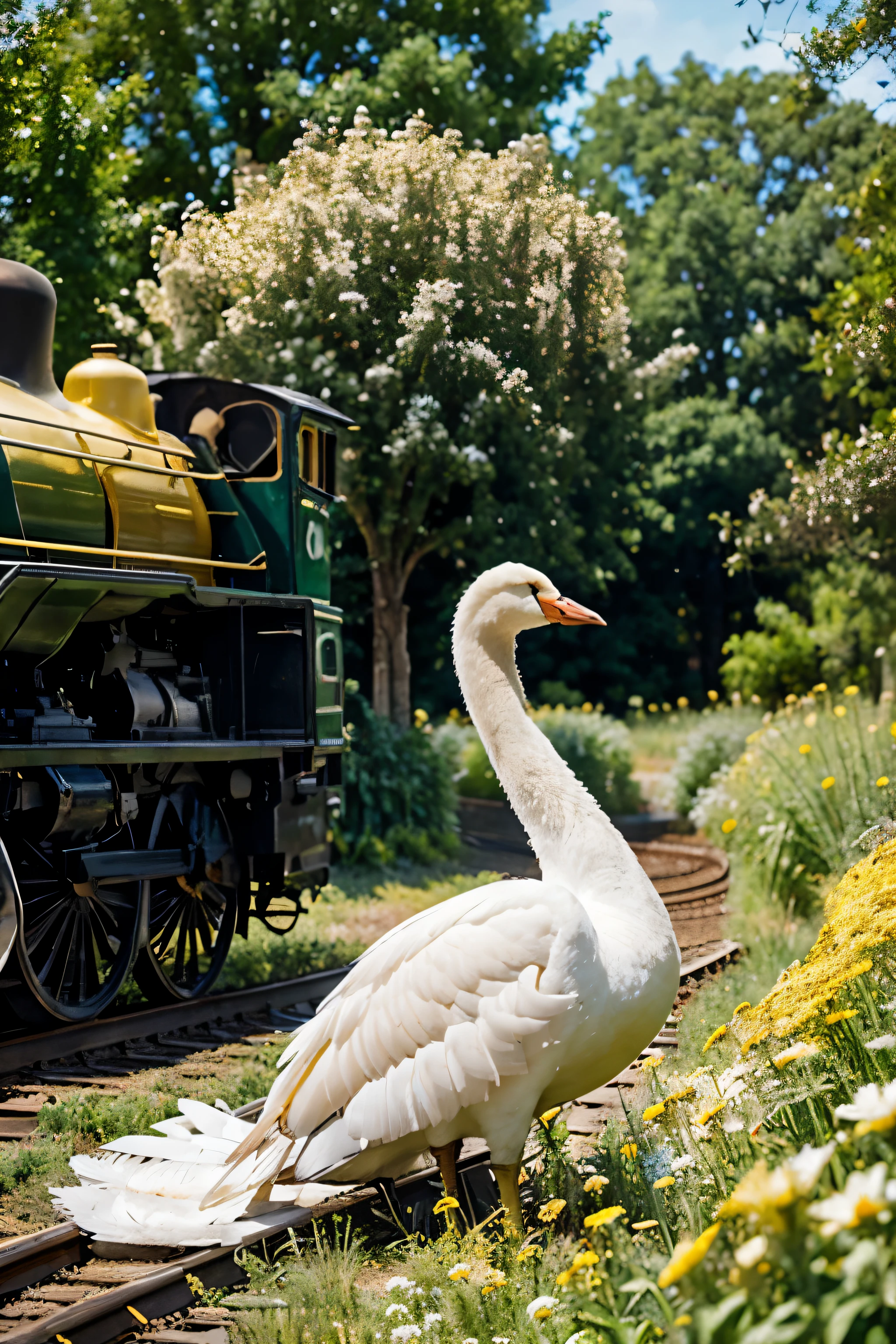 white swan majestic bird surrounded by honey bees and locomotive trains. background of vintage plants with colors of green, gold, black, yellow, and blue